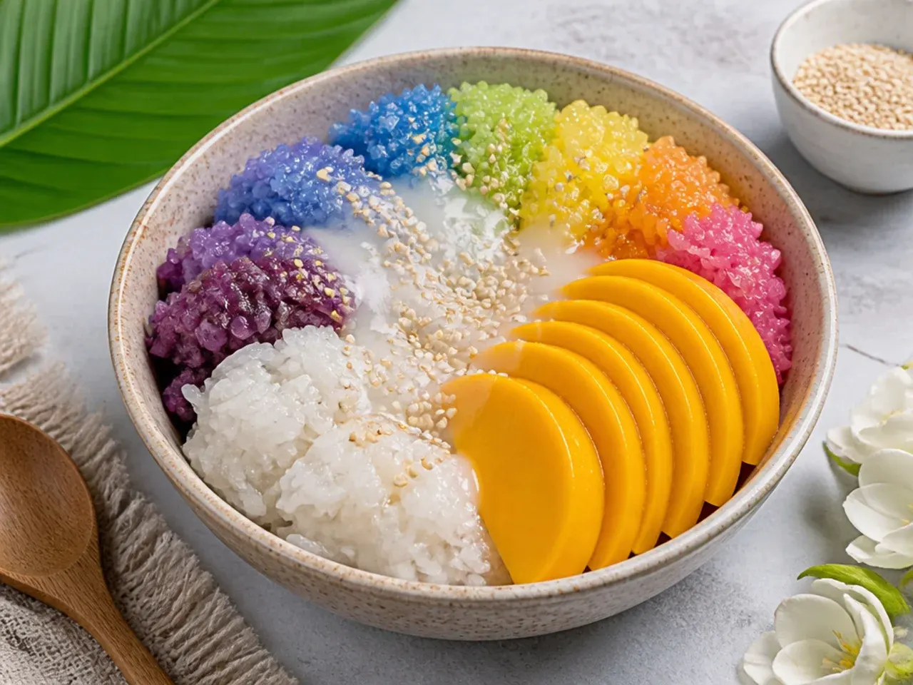 Colorful rainbow vegan mango sticky rice bowl tinted with natural plant dyes