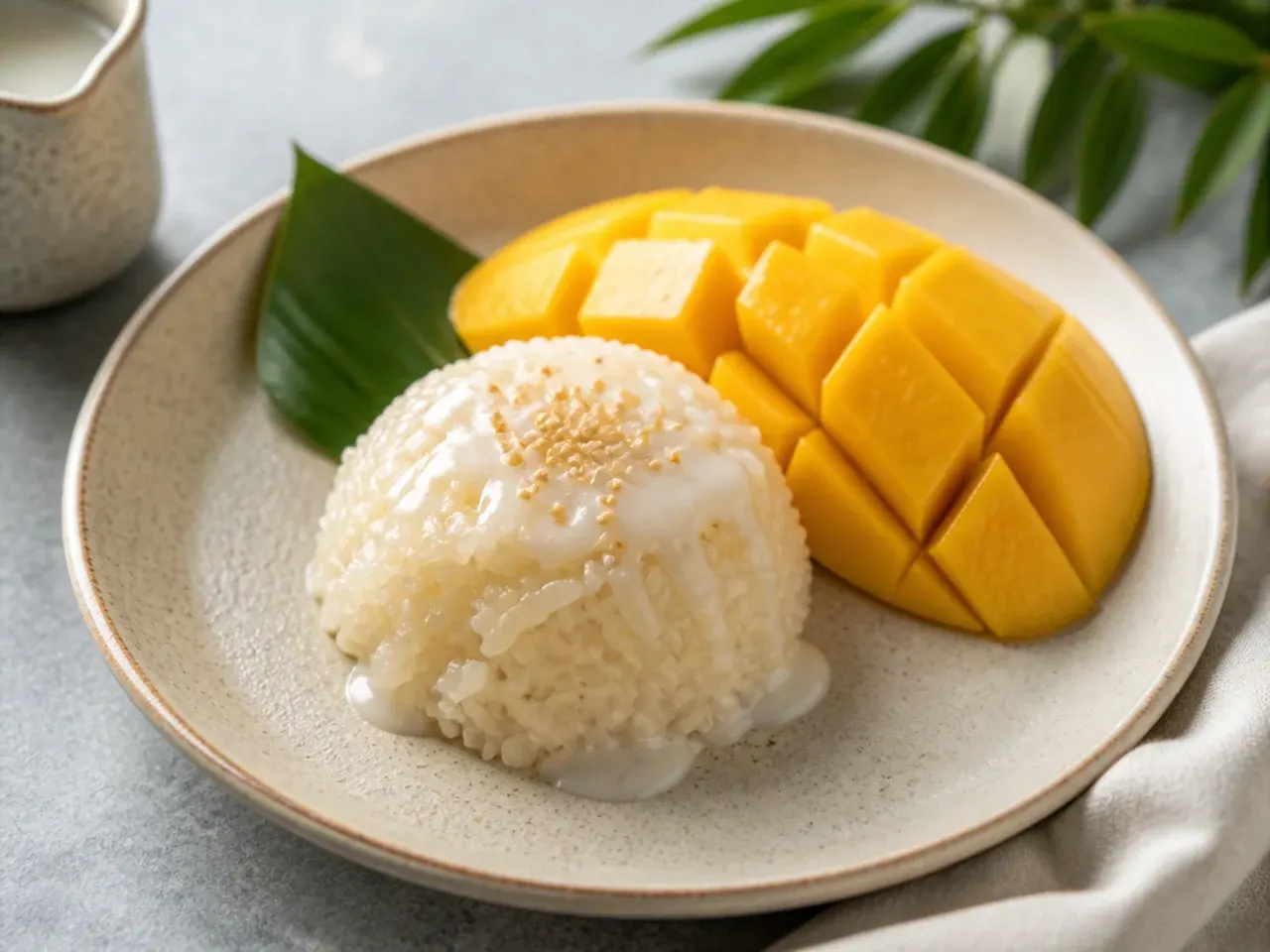 Minimal vegan mango sticky rice with a clean scoop of rice and mango slices