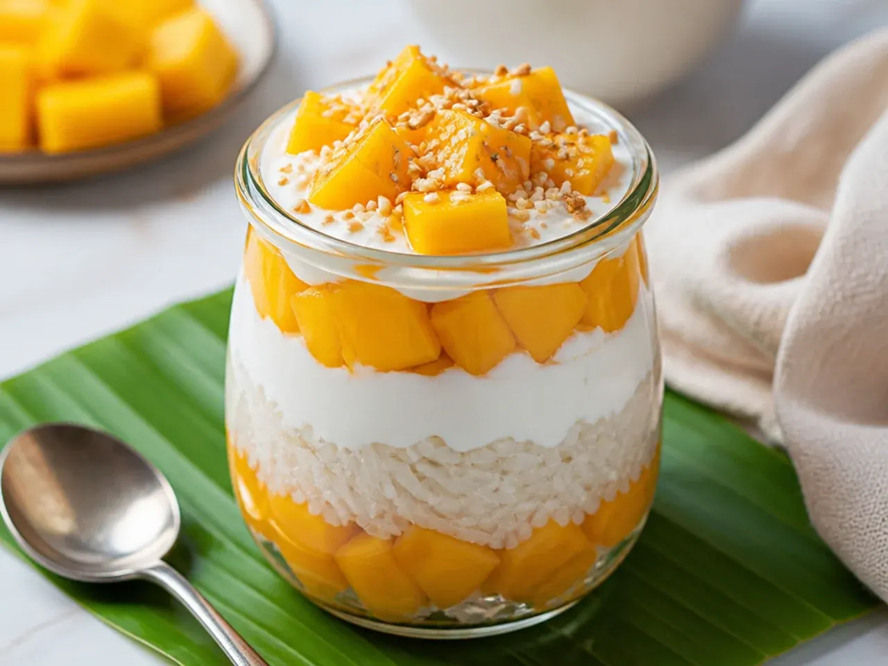 Festive vegan mango sticky rice trifle jars layered with coconut cream