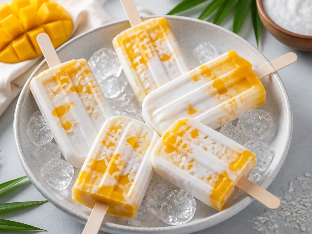 Whimsical vegan mango sticky rice popsicles with chunks of mango and coconut