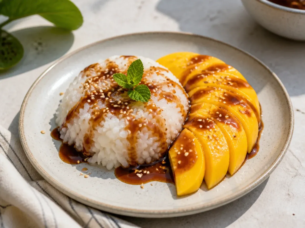 Bold vegan mango sticky rice topped with dark salted coconut caramel drizzle
