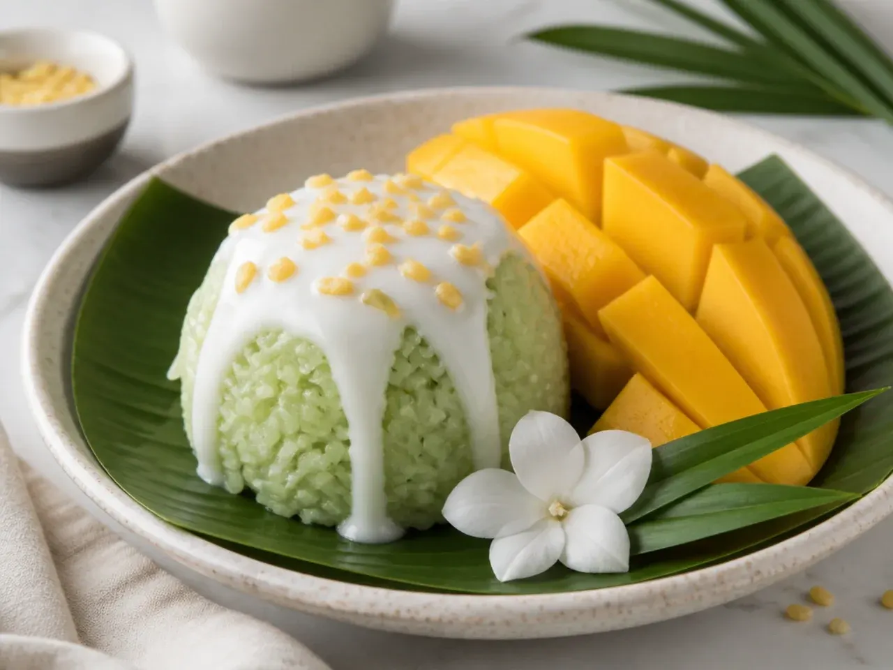 Delicate pandan-infused vegan mango sticky rice with a pale green tint