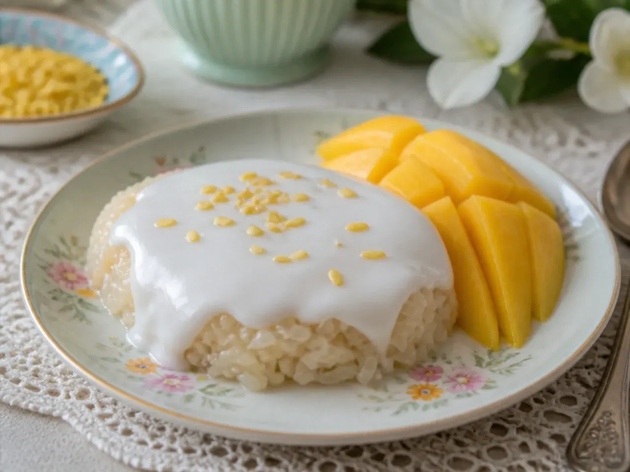 Vintage-style vegan mango sticky rice topped with steamed coconut custard