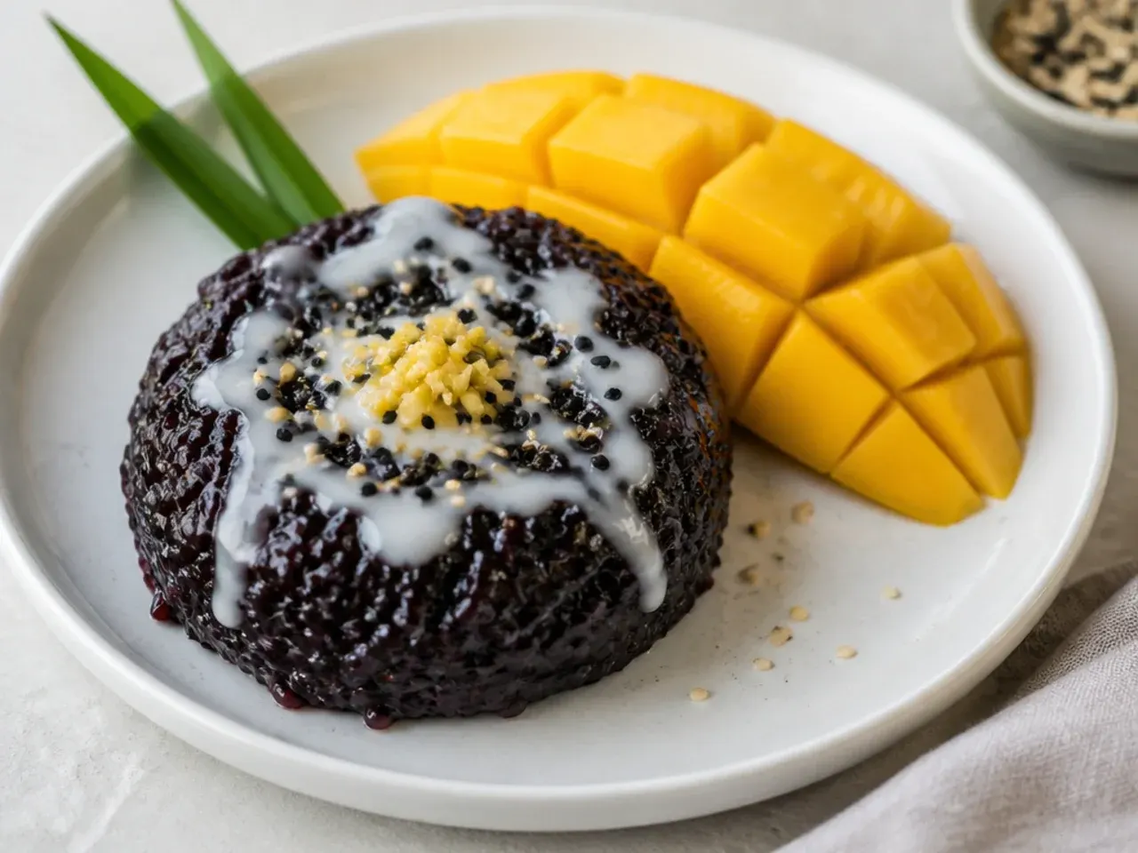 Creative black glutinous vegan mango sticky rice with bright mango slices