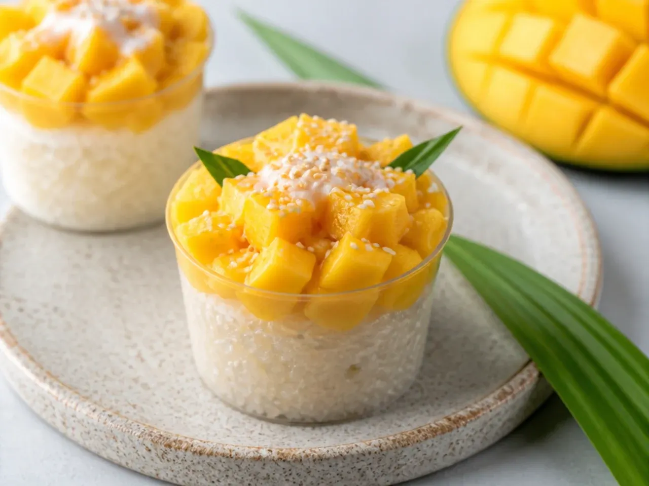 Charming mini vegan mango sticky rice cups topped with diced mango
