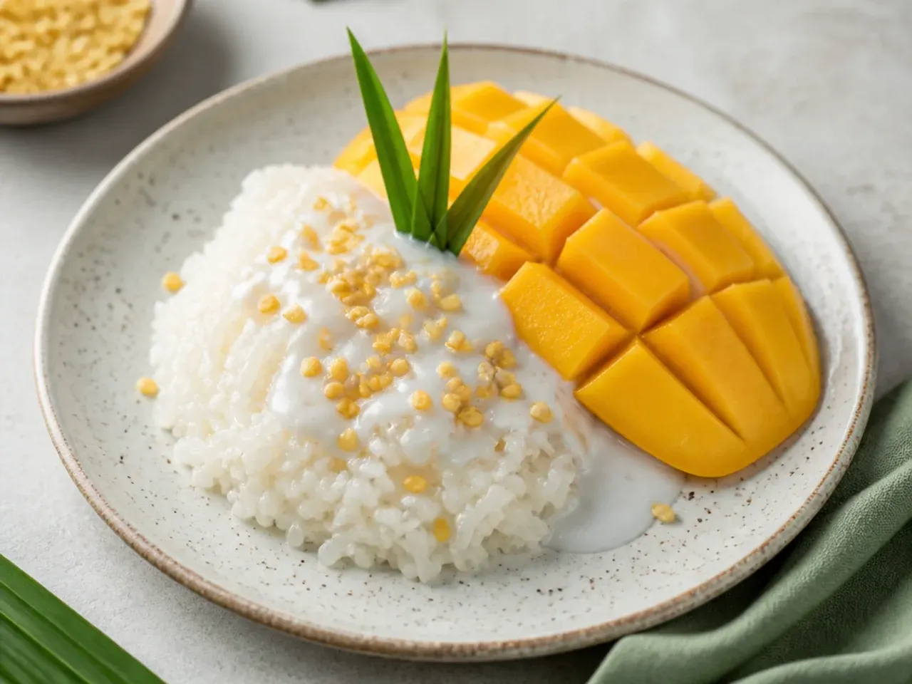 Classic vegan mango sticky rice topped with toasted split mung beans