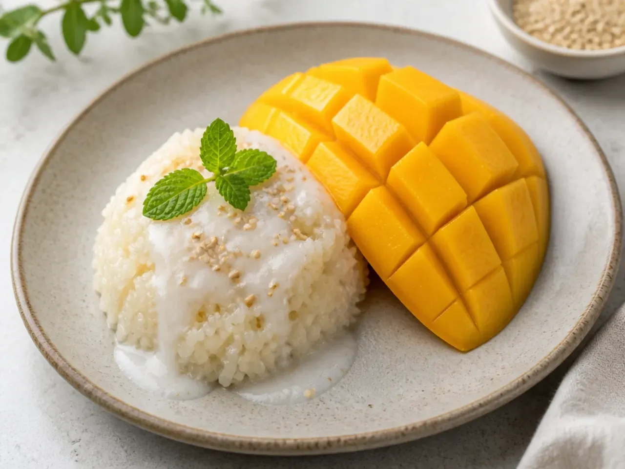 Easy no-steam vegan mango sticky rice cooked in one saucepan with coconut milk