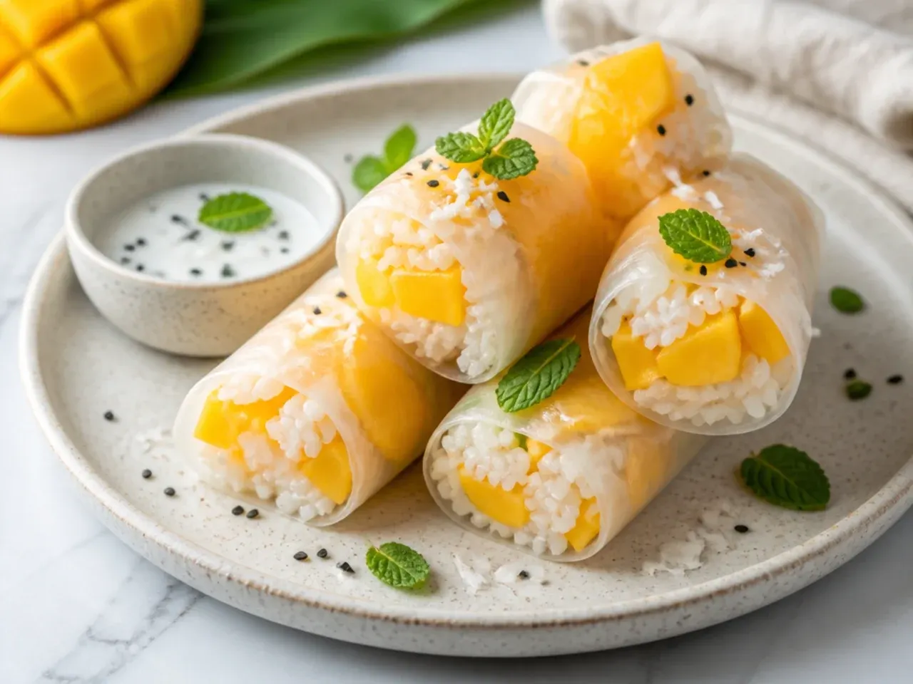 Elegant vegan mango sticky rice spring rolls wrapped in translucent rice paper