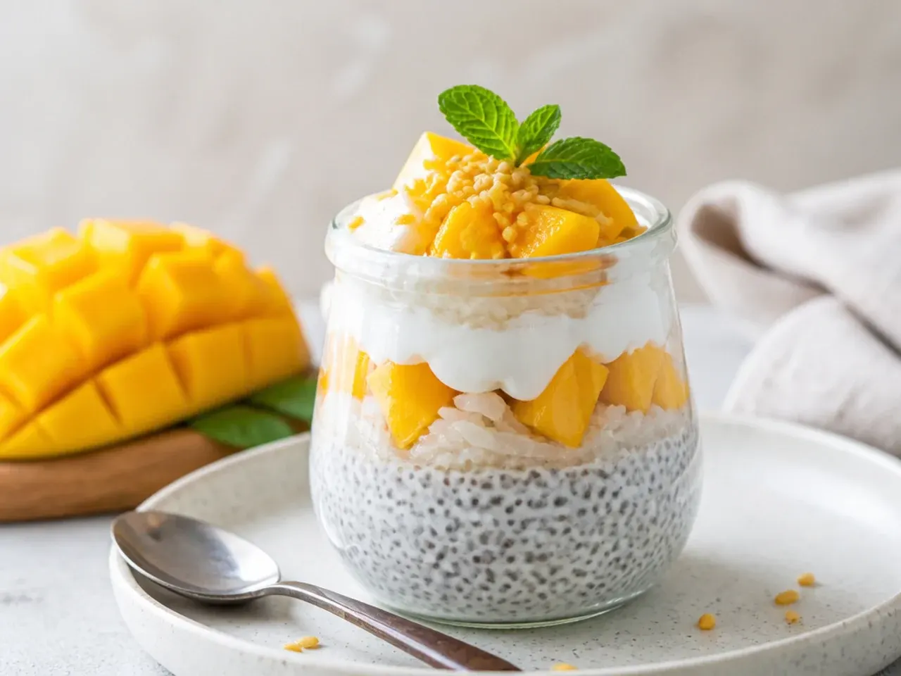 Playful vegan mango sticky rice and coconut chia pudding jars with mango