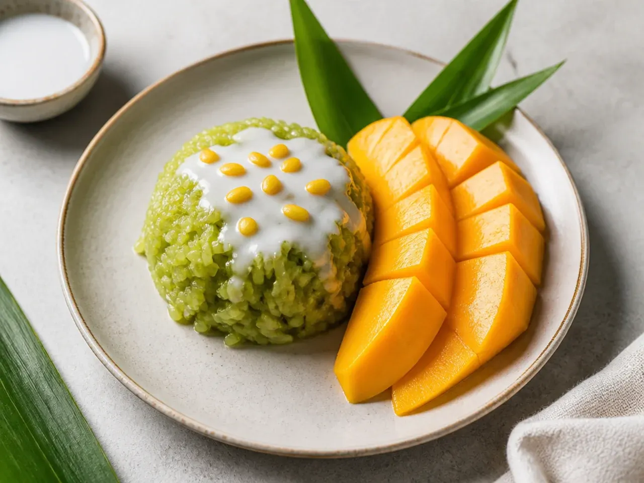 Modern matcha-tinted vegan mango sticky rice with bright orange mango
