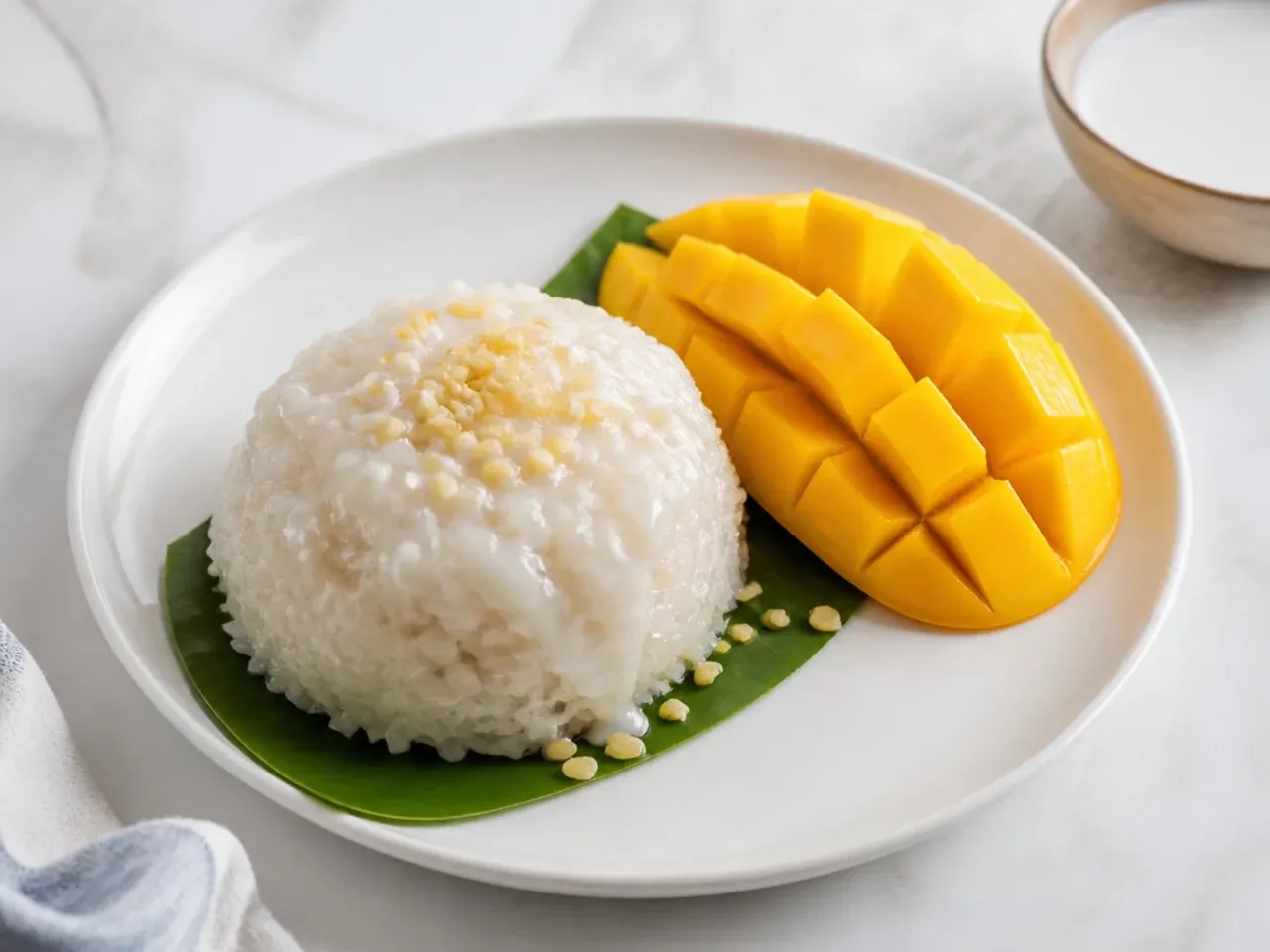 Pro tips for vegan mango sticky rice showing glossy coconut rice and ripe mango