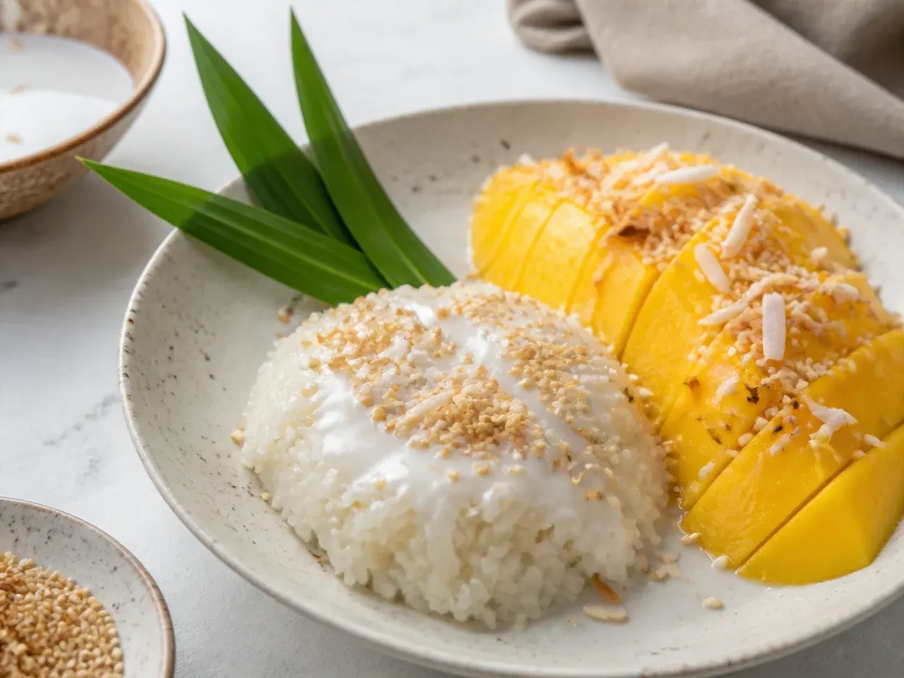 Vegan mango sticky rice served warm with toasted sesame and coconut garnish