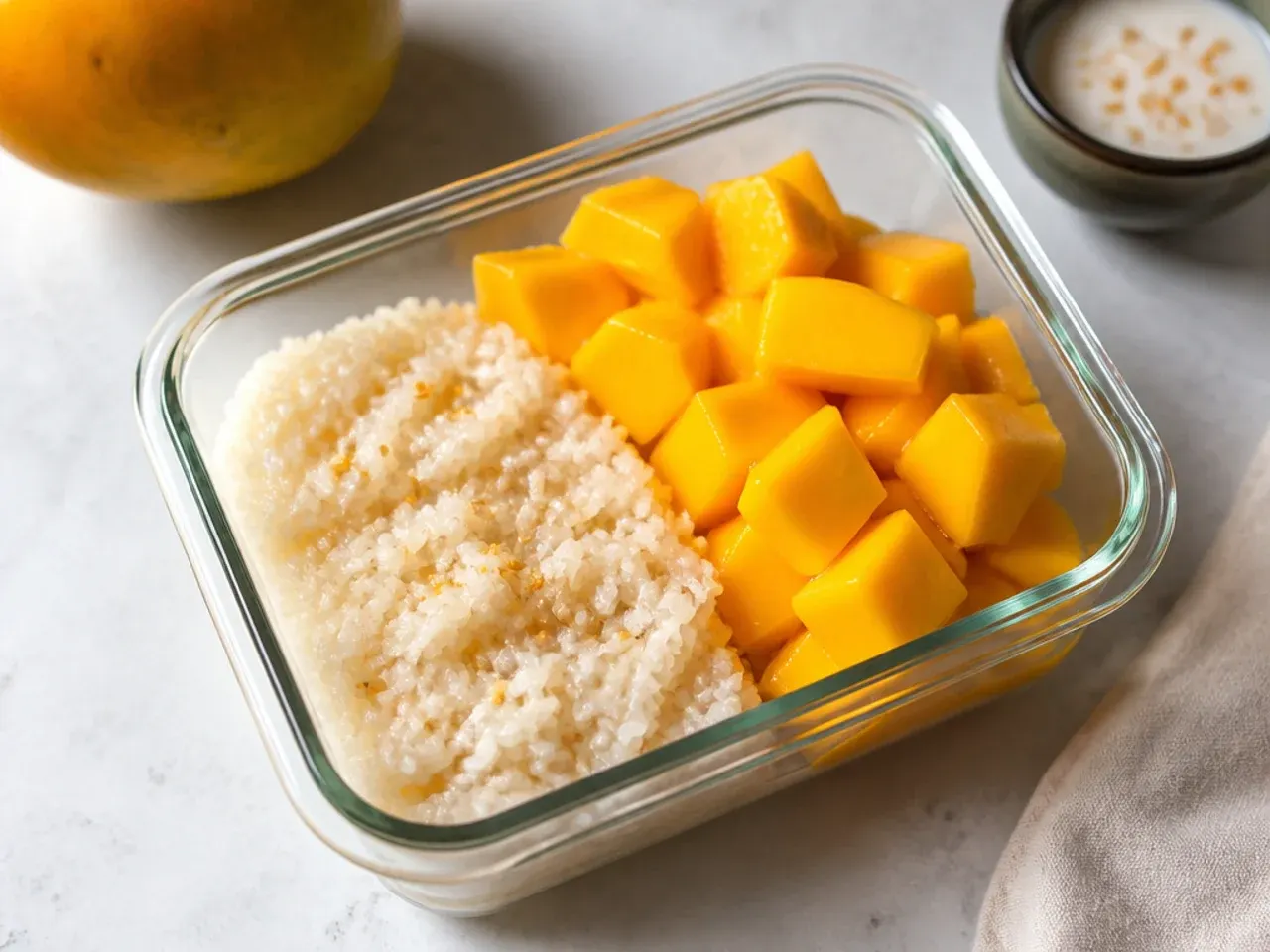 Stored vegan mango sticky rice in a container ready to reheat with fresh mango