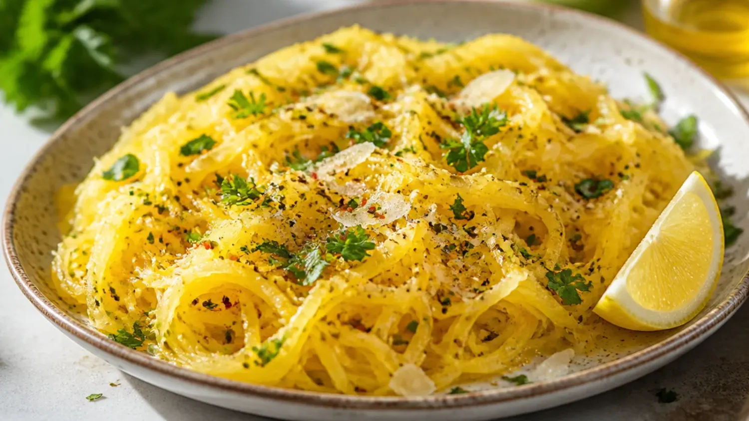 A halved roasted spaghetti squash shredded into golden strands and topped with mushroom marinara sauce and vegan parmesan