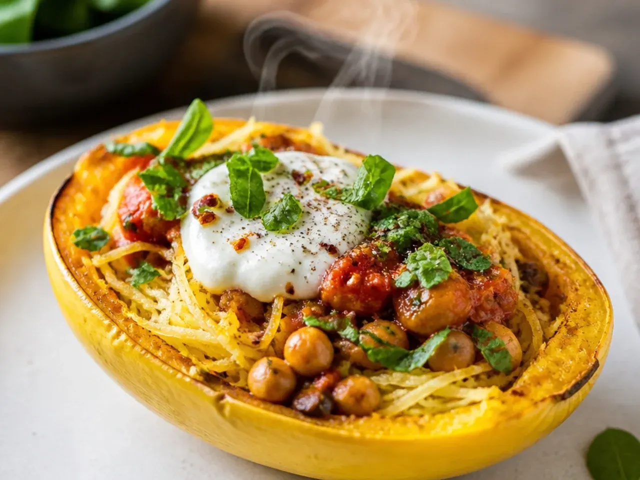 Overhead shot of a roasted spaghetti squash half next to a fork pulling out golden strands