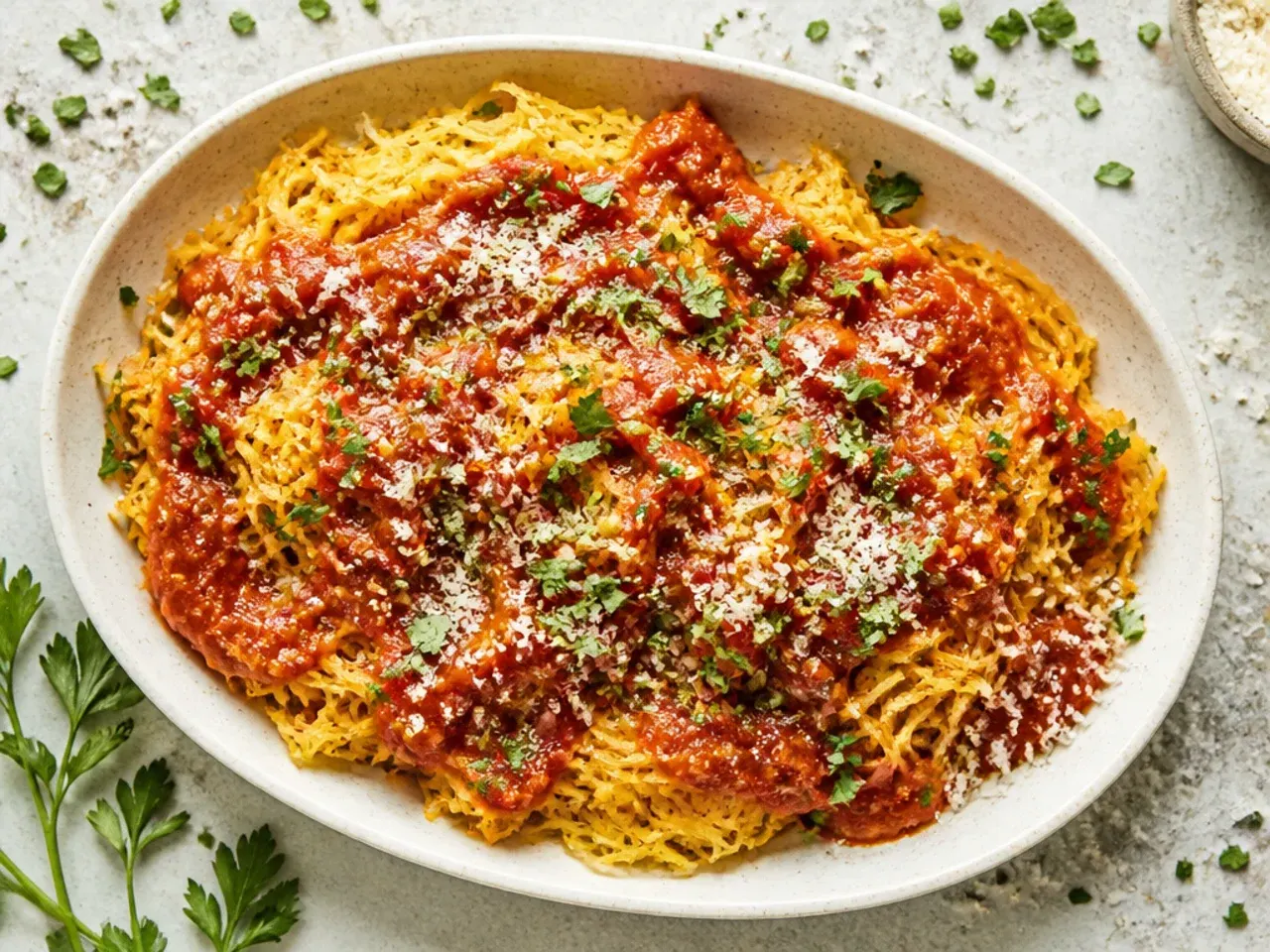 Spaghetti squash strands tossed with simple tomato basil marinara