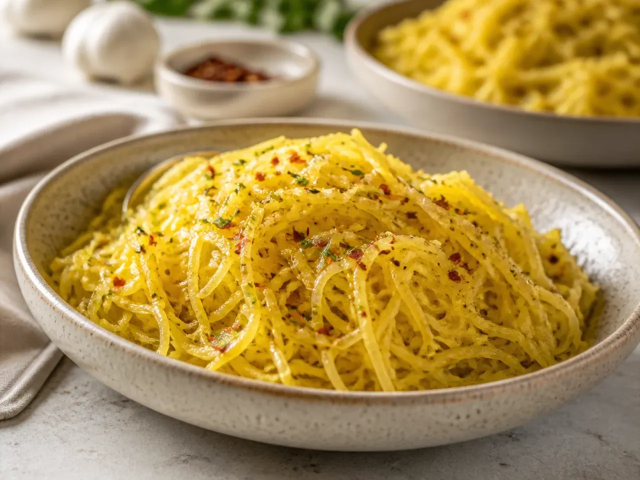 Plain roasted spaghetti squash strands tossed with garlic and olive oil