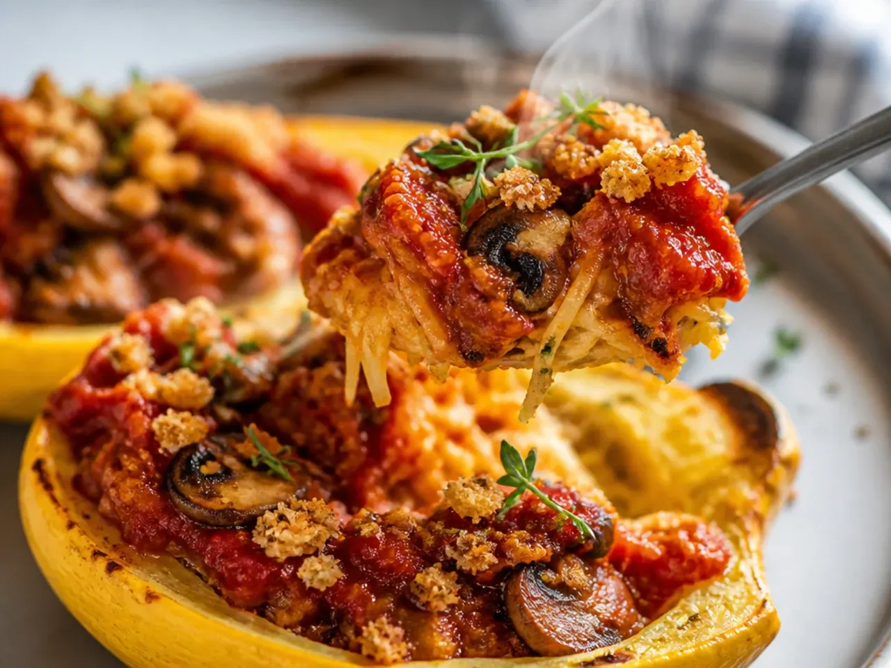 Spaghetti squash boat filled with mushroom marinara sauce and vegan parmesan