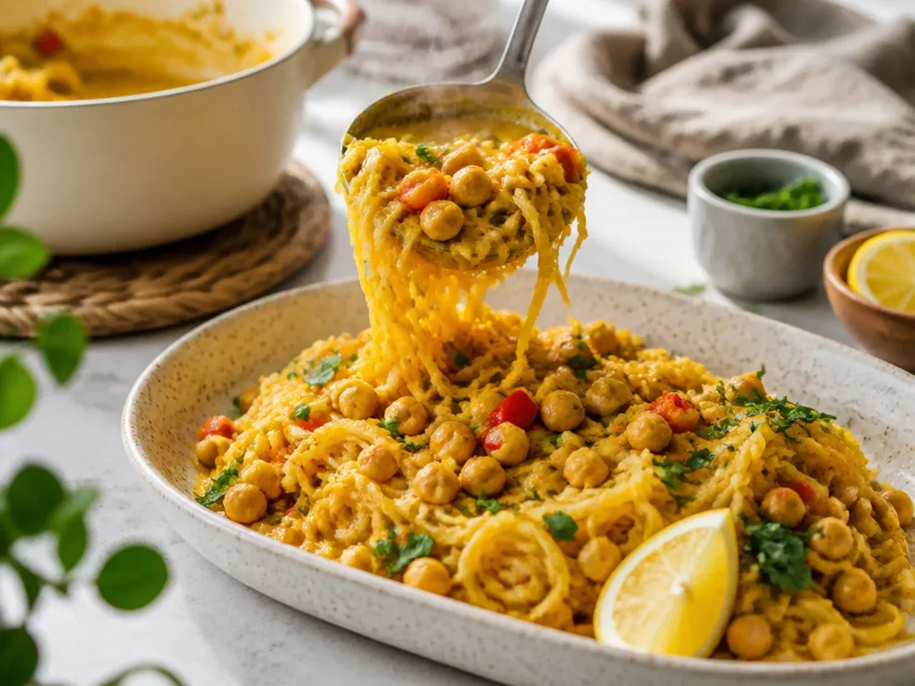 Golden coconut curry sauce coating spaghetti squash strands in a bowl