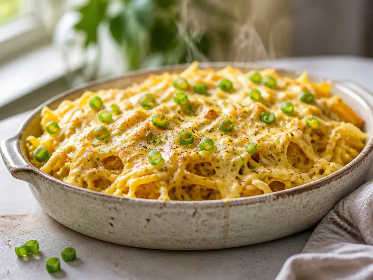 Creamy cashew alfredo sauce being tossed through spaghetti squash strands