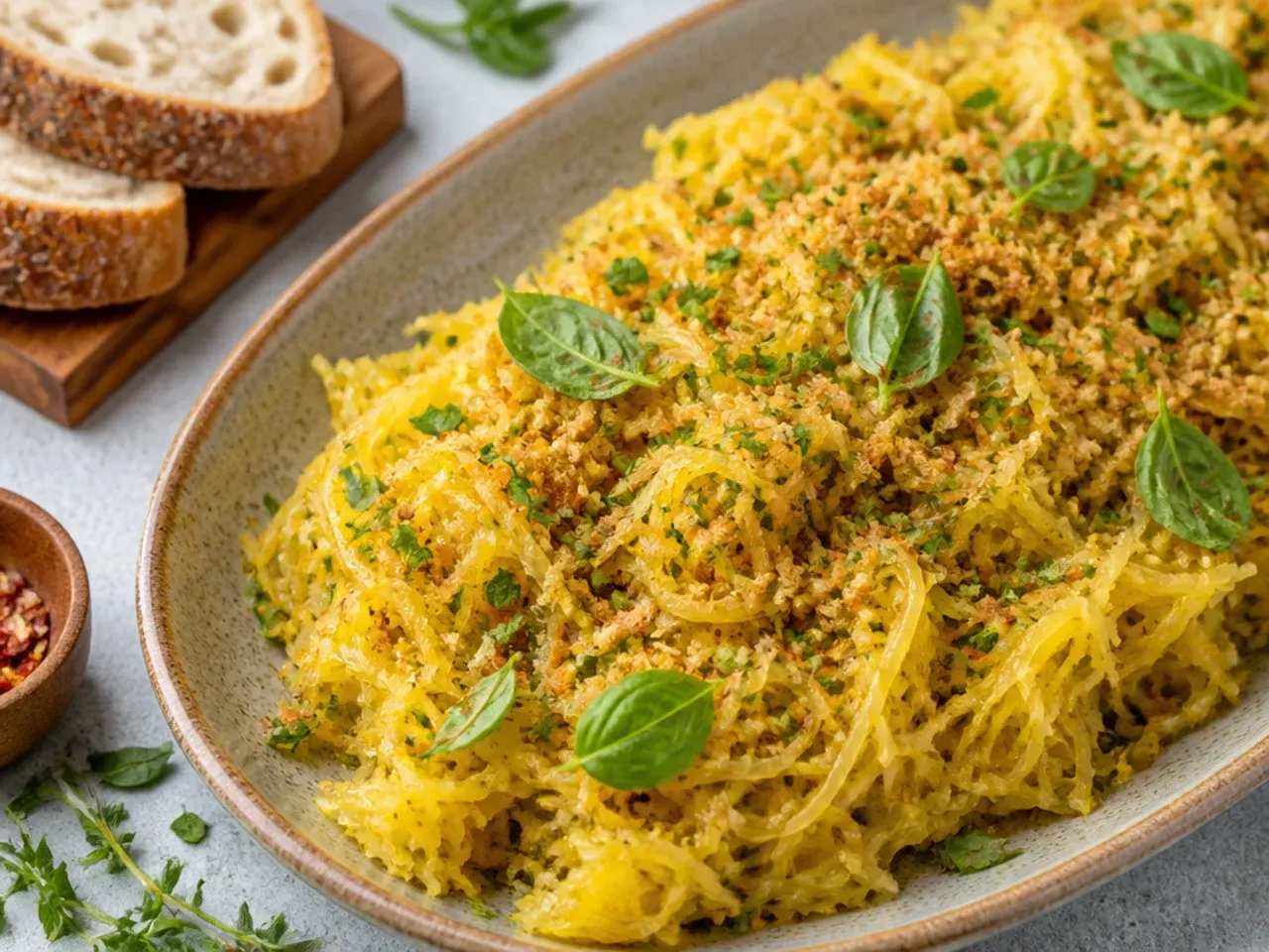 Spaghetti squash strands tossed with lemon zest and fresh chopped herbs