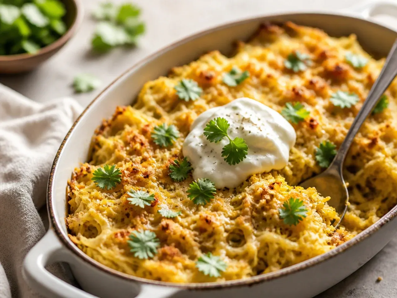 Golden baked spaghetti squash casserole with a cheesy nutritional yeast sauce