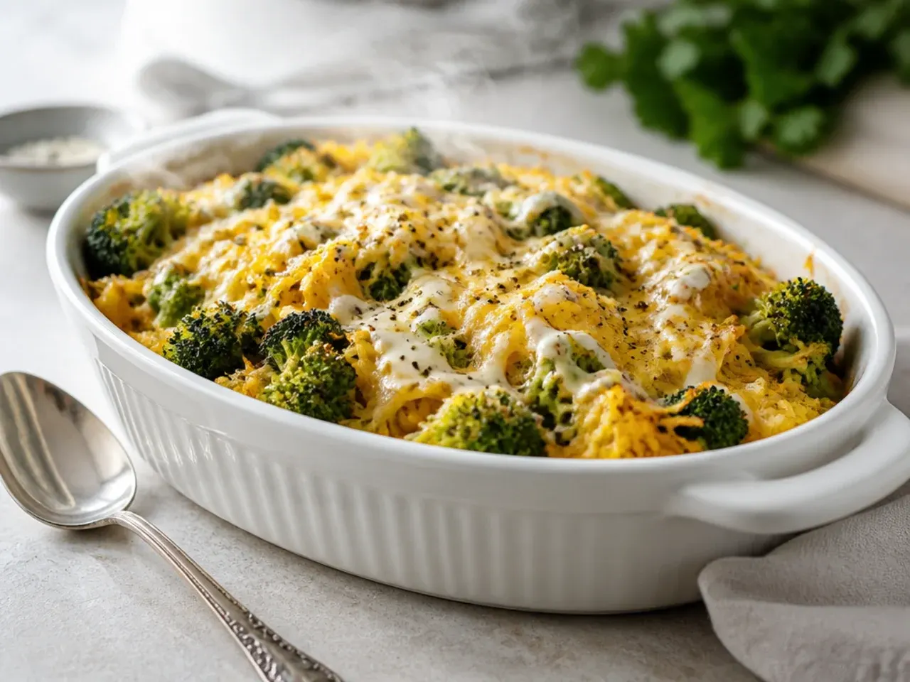 Bubbling spaghetti squash and broccoli casserole in a ceramic dish