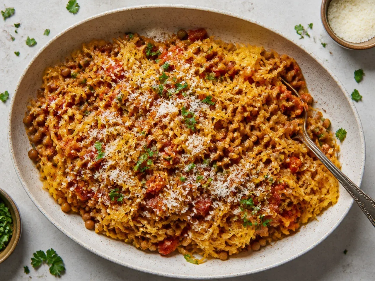Simple lentil and tomato sauce spooned over spaghetti squash strands