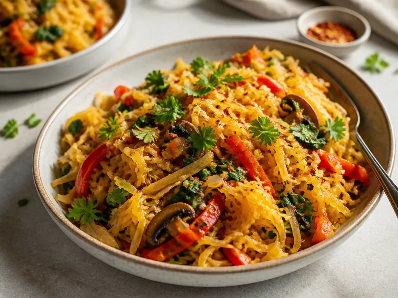 Sesame soy spaghetti squash stir-fry with broccoli and edamame