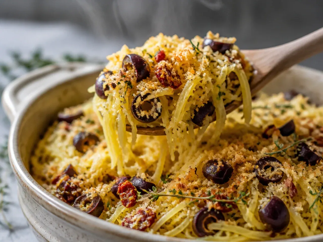 Spaghetti squash strands mixed with sun-dried tomatoes and olives