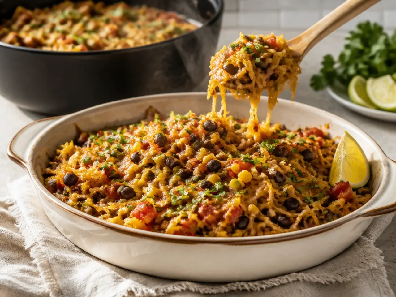 Spaghetti squash boat loaded with black beans, corn, avocado, and salsa