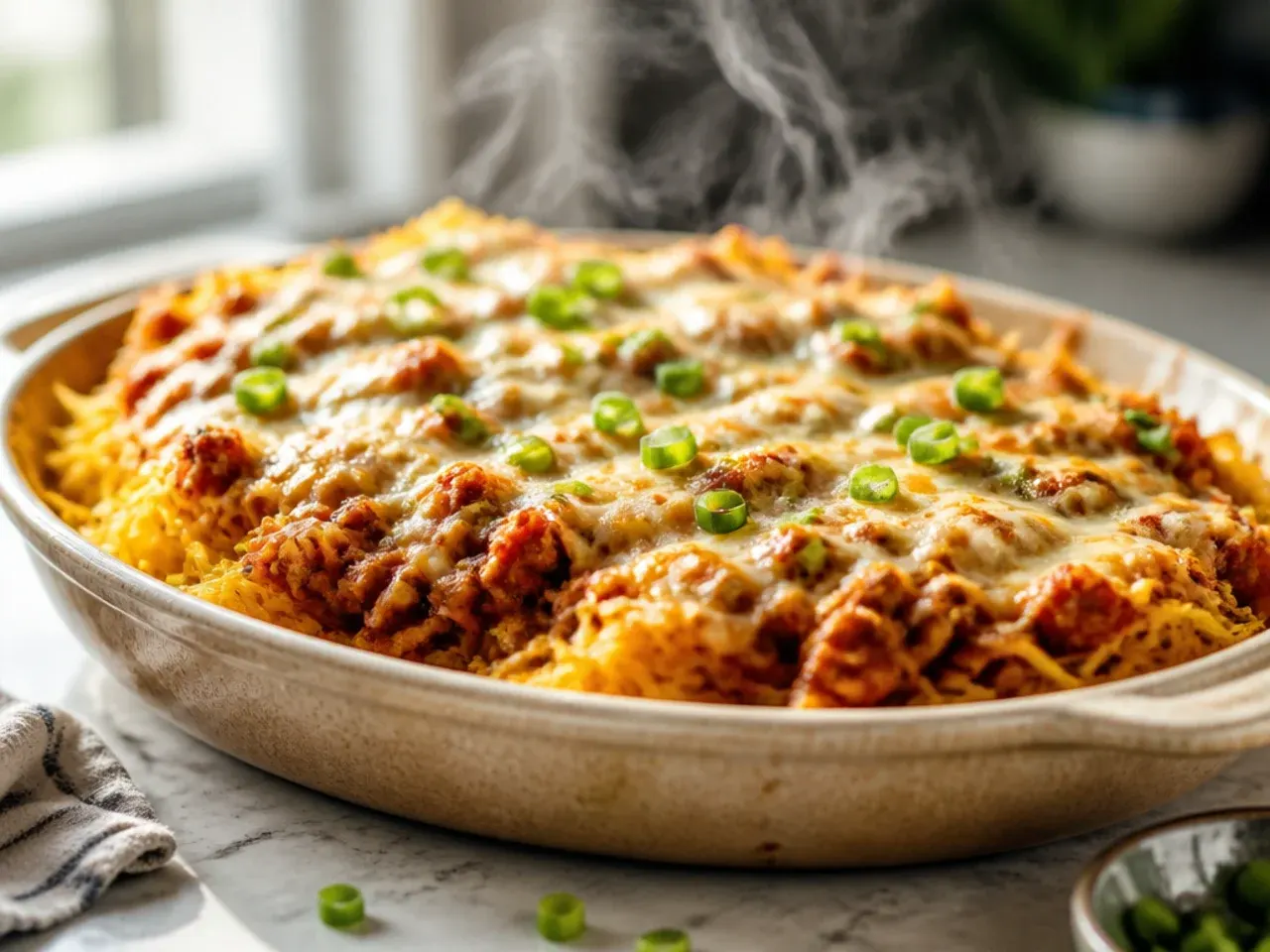 Sliced family-style spaghetti squash and tempeh bolognese bake