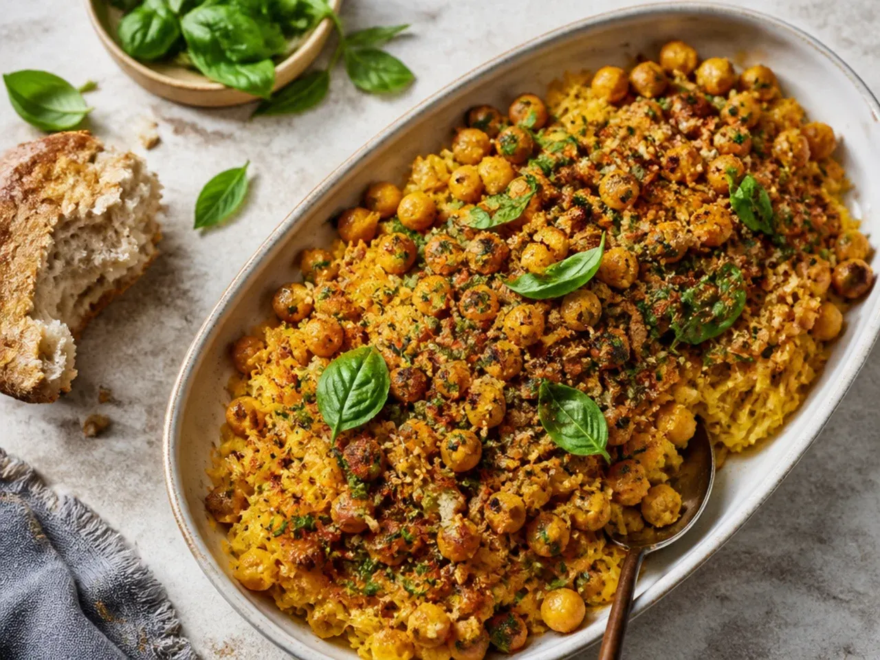 North African spiced chickpea sauce over spaghetti squash strands with toasted almonds