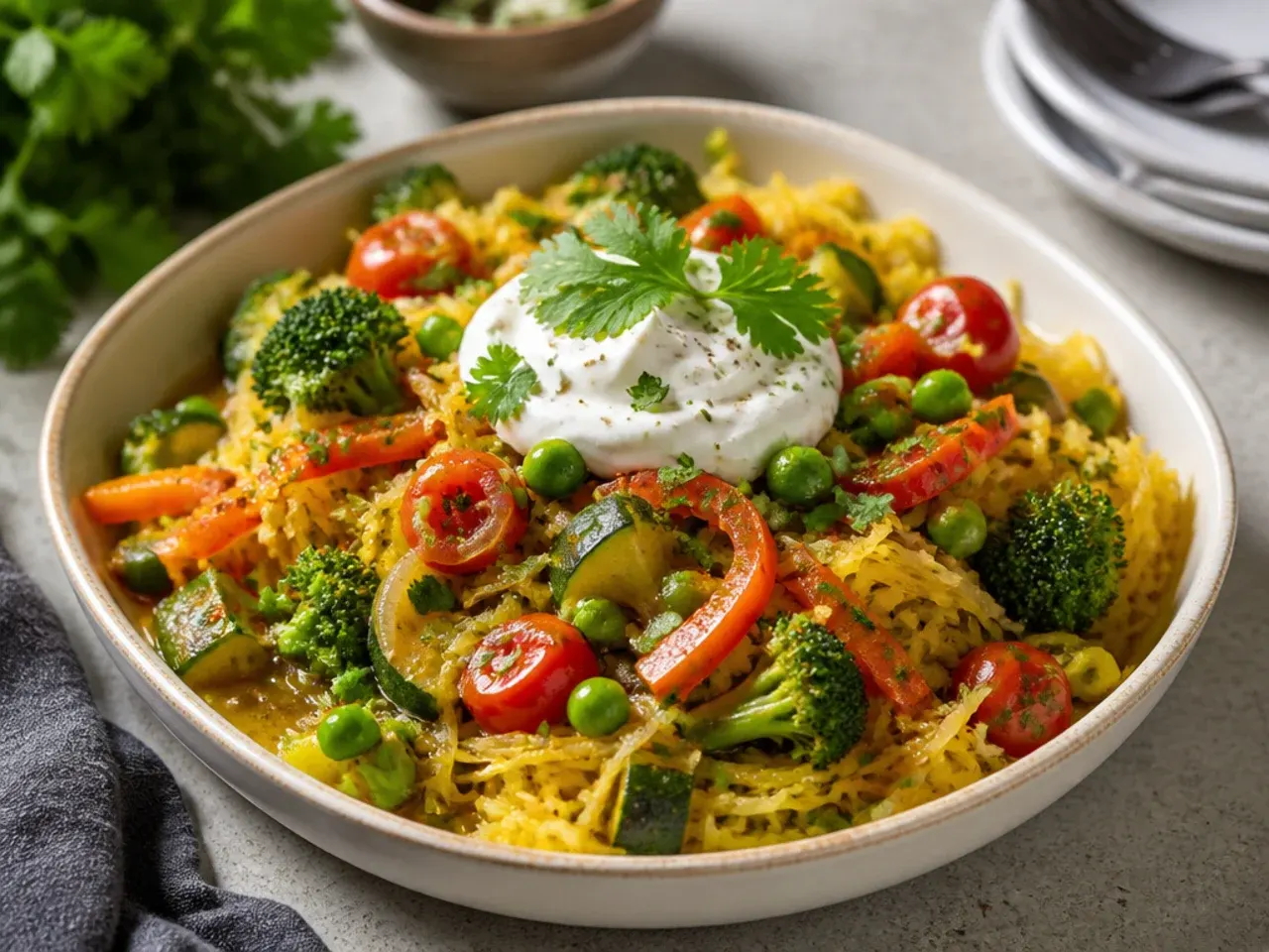 Sheet-pan roasted vegetables and spaghetti squash strands tossed with pesto