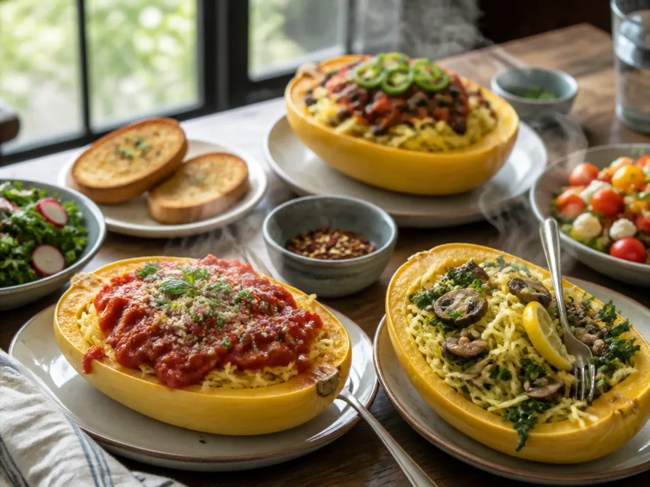 Vegan spaghetti squash dinner served with garlic bread and a green rocket salad