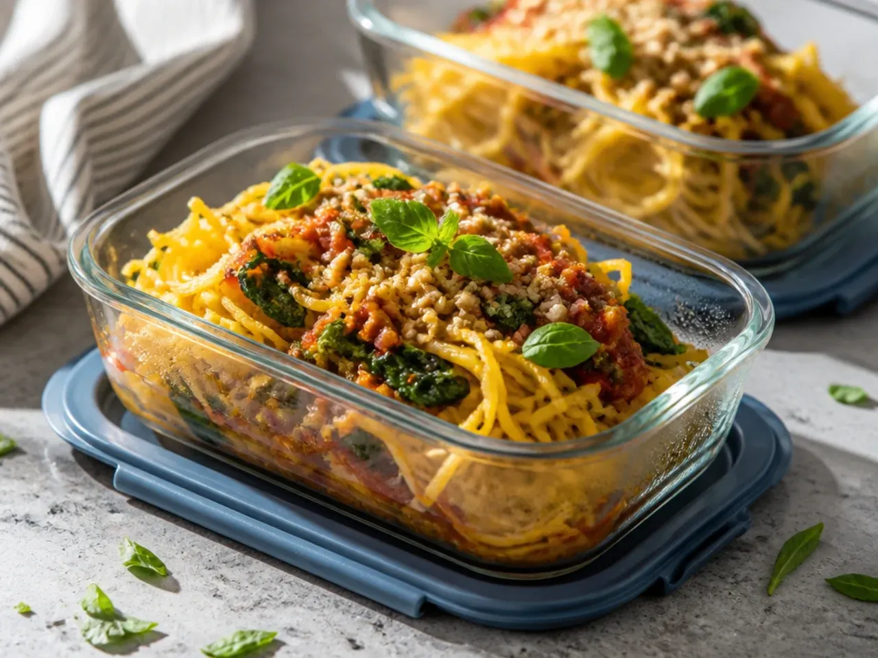 Leftover vegan spaghetti squash strands stored in a glass airtight container in the fridge