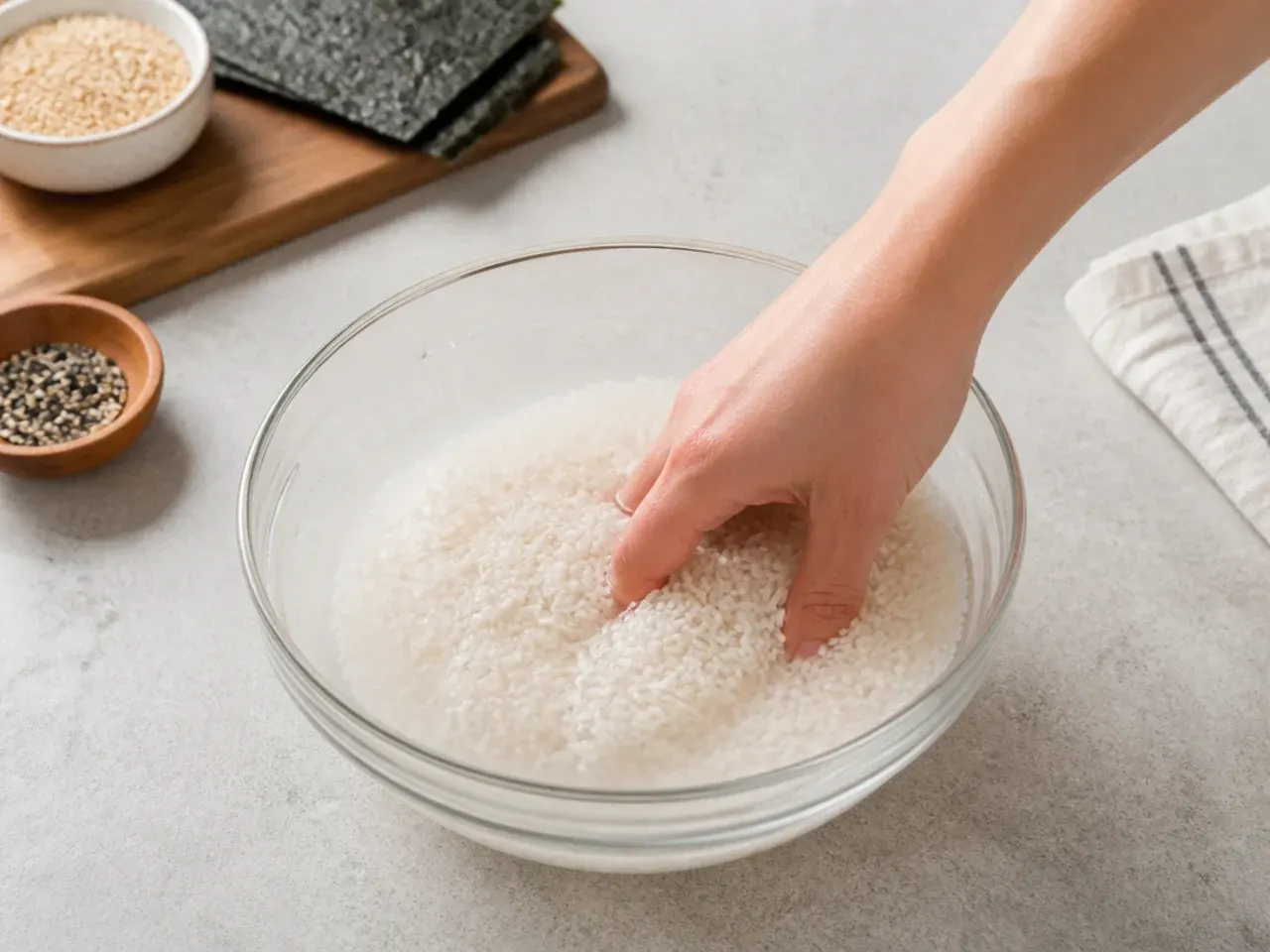 vegan sushi bowl — step 1: rinse and soak the rice