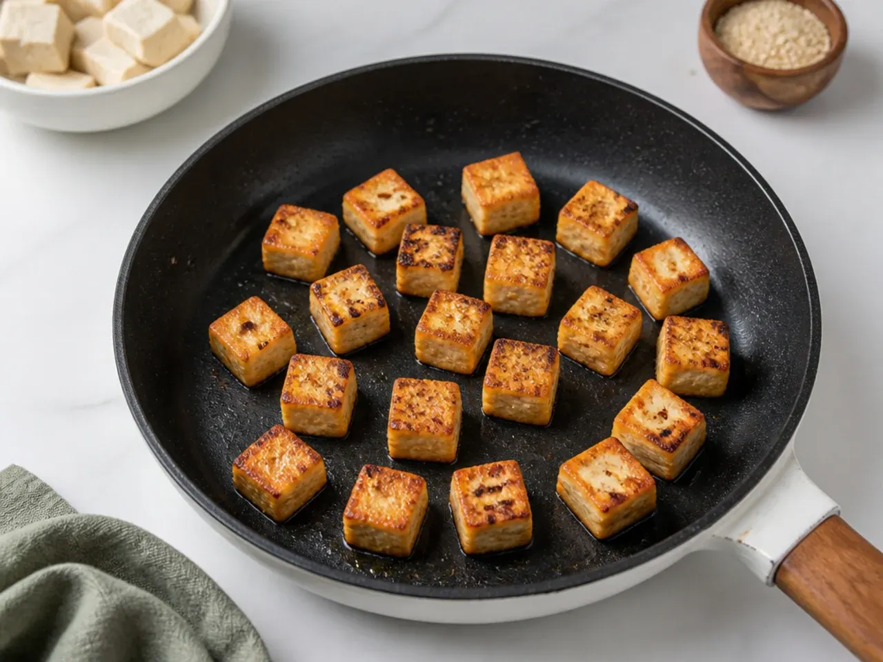 vegan sushi bowl — step 5: crisp the tofu