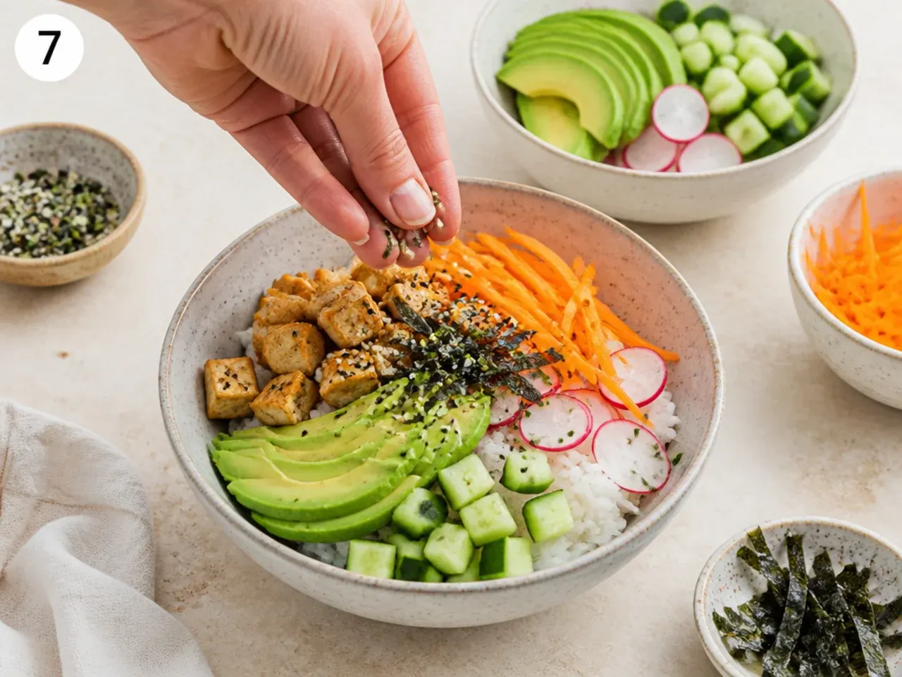 vegan sushi bowl — step 7: assemble the bowls