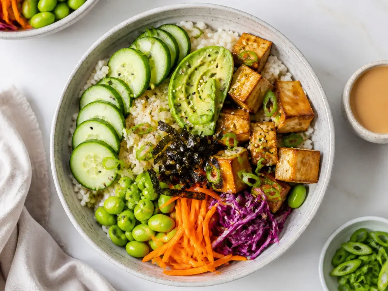 Overhead spread of colourful vegan sushi bowls with tofu, avocado and cucumber