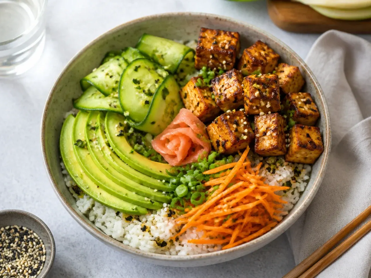 Classic vegan sushi bowl with crispy tofu, cucumber and avocado over seasoned rice