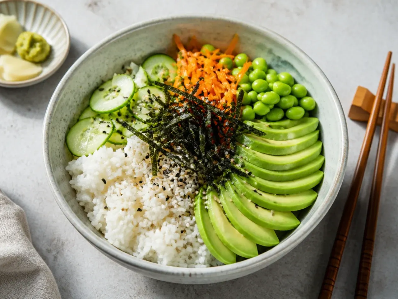 Quick 15-minute vegan sushi bowl with edamame and pre-cooked rice