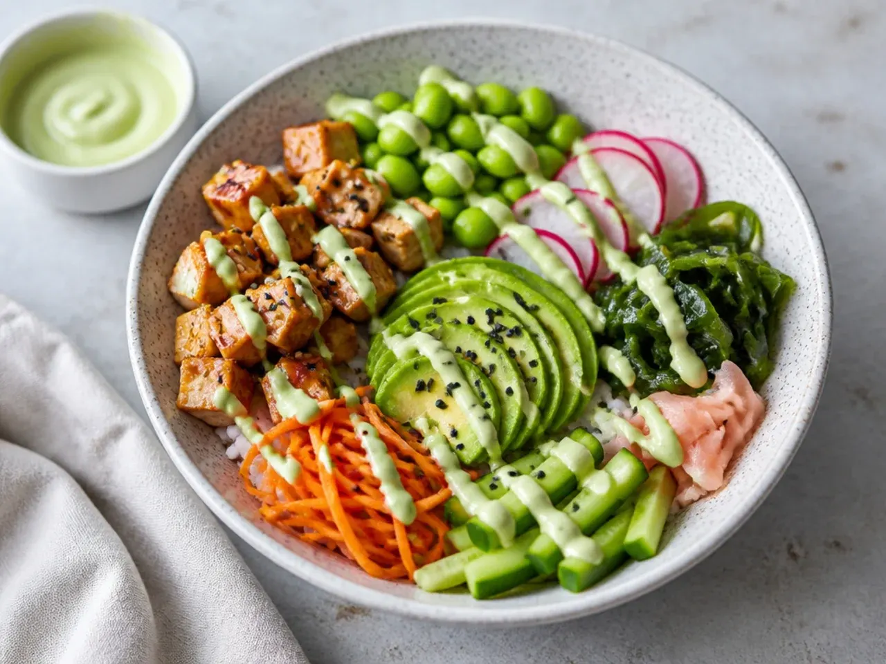 Elegant vegan sushi bowl drizzled with pale green wasabi-tahini sauce