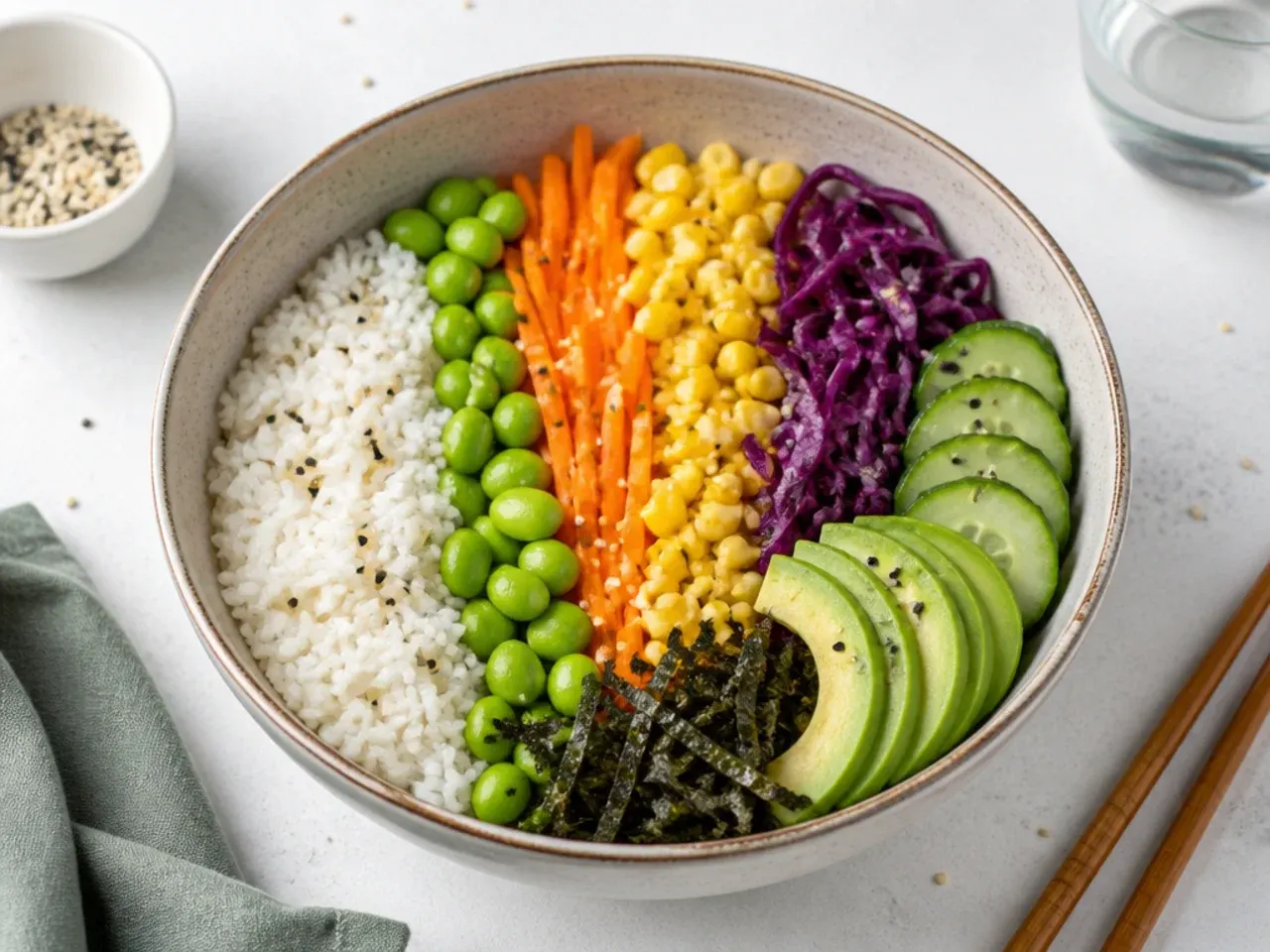 Rainbow-striped kids vegan sushi bowl with edamame, carrot and sweetcorn