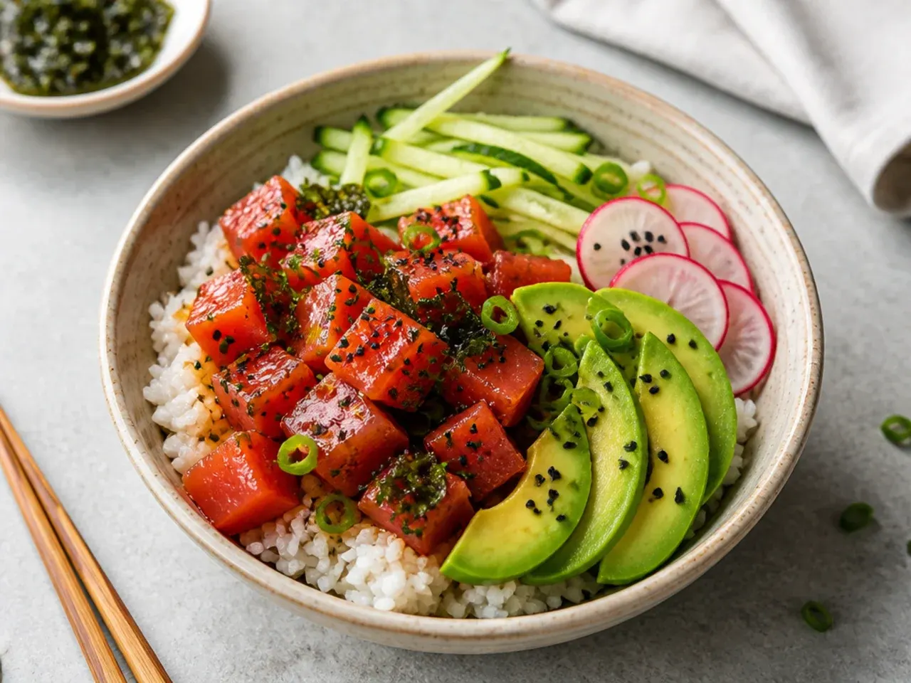 Modern poke-style vegan sushi bowl with marinated watermelon cubes and avocado