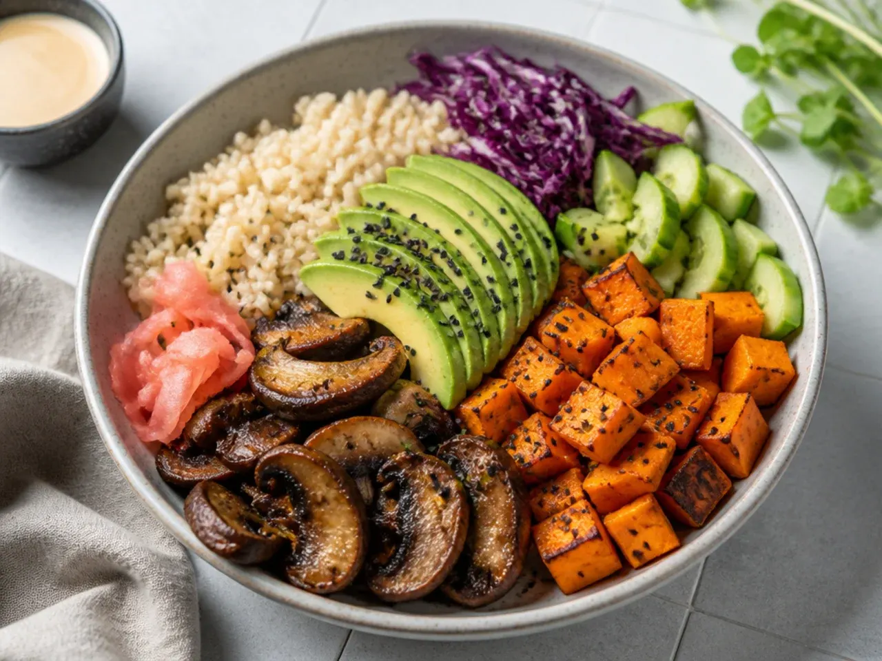 Rustic vegan sushi bowl with brown rice, roasted sweet potato and mushrooms