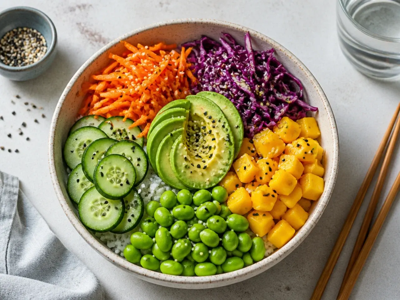 Vibrant five-colour vegan sushi bowl arranged like a colour wheel