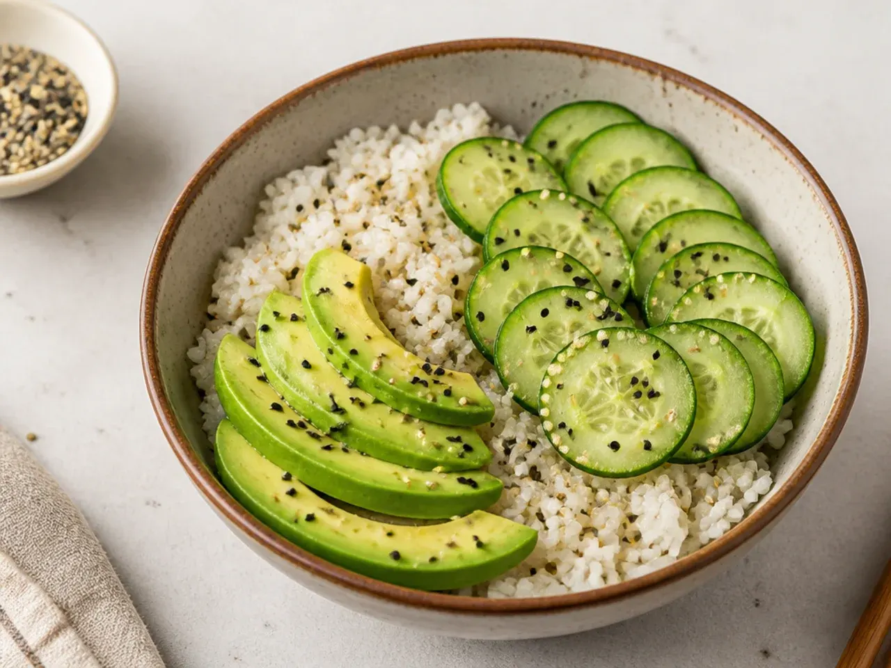 Minimal vegan sushi bowl with just avocado, cucumber and seasoned rice
