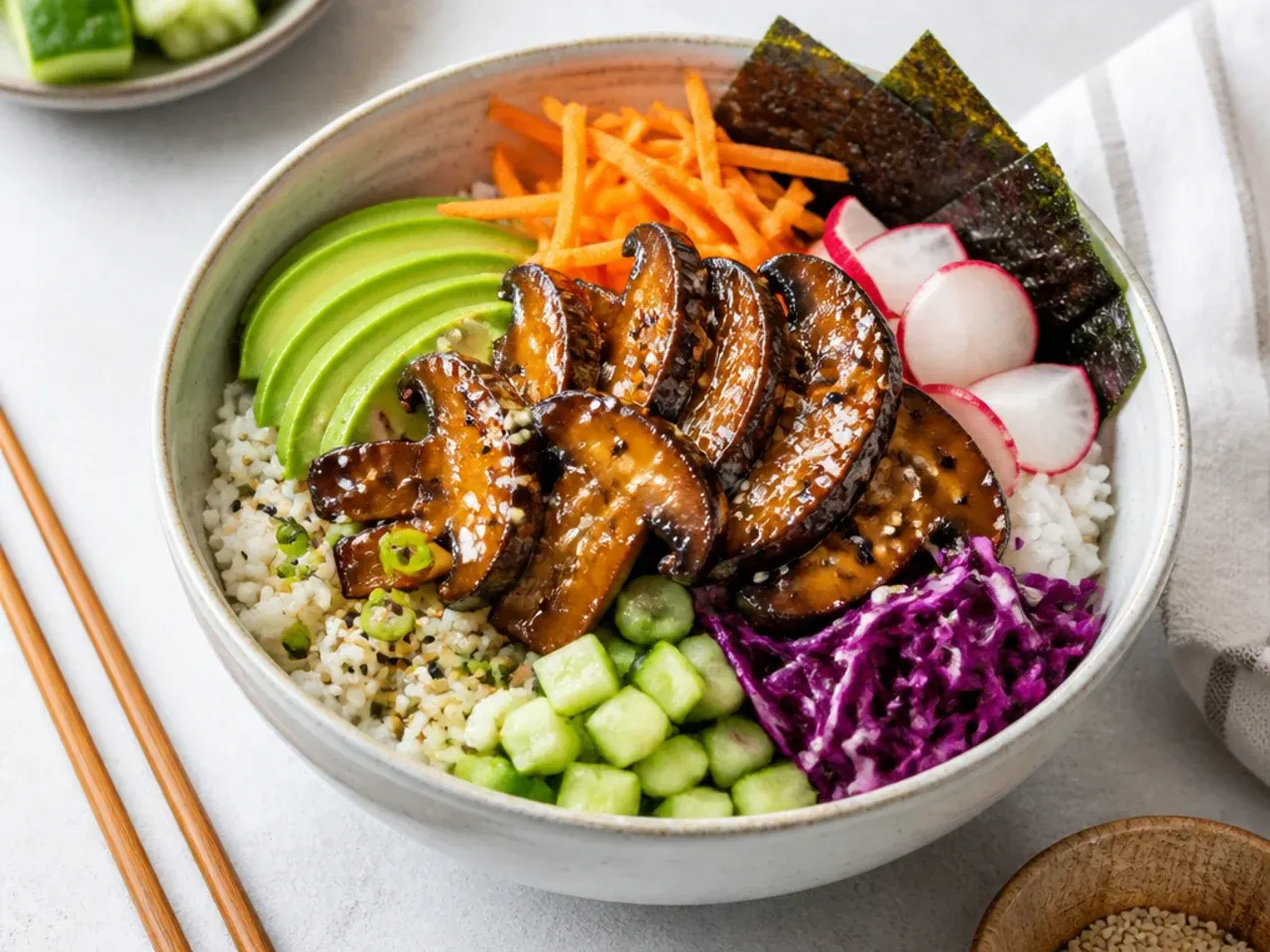 Festive vegan sushi bowl topped with glazed teriyaki king oyster mushrooms