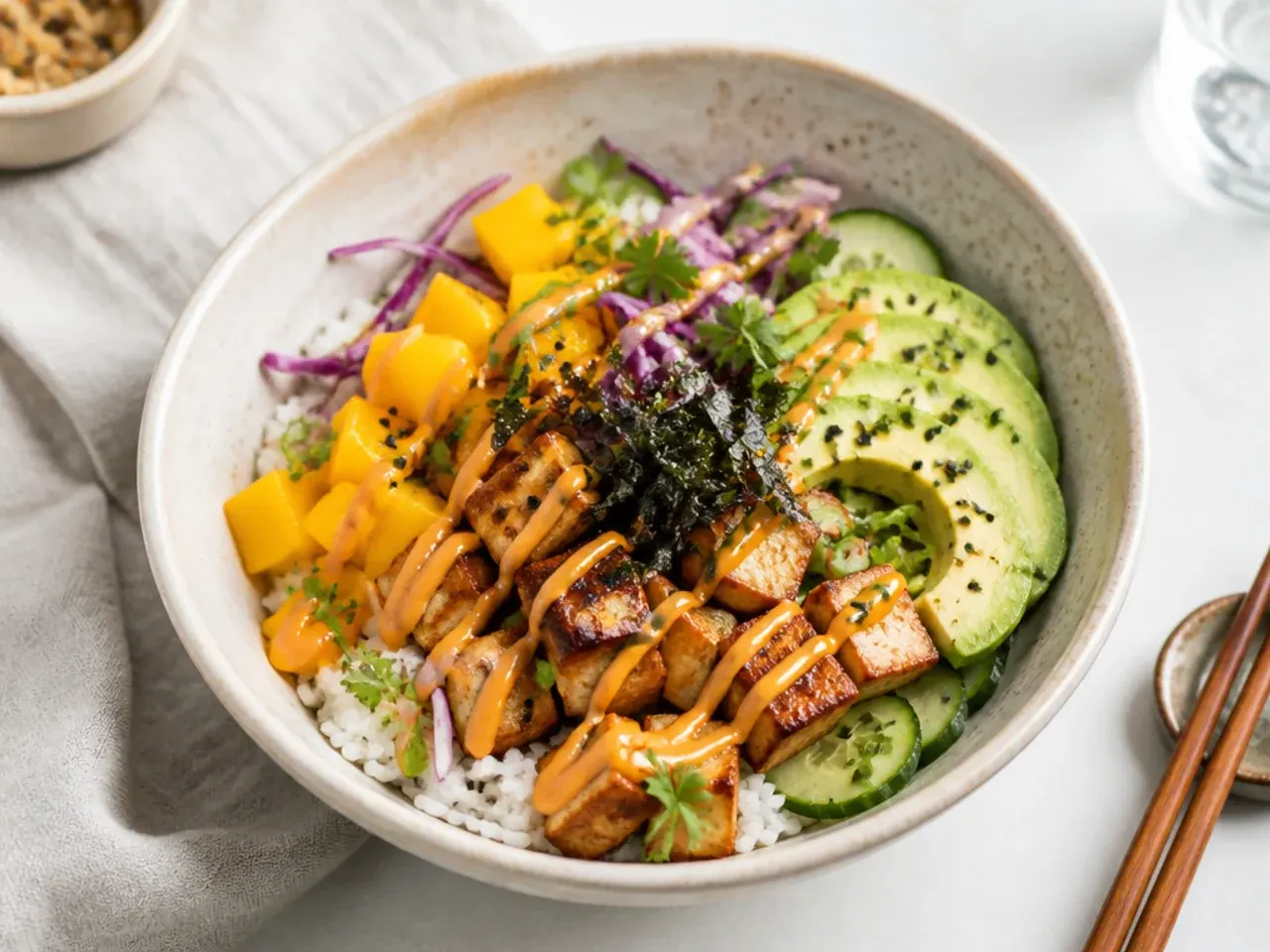 Whimsical vegan sushi bowl with diced mango, tofu and sriracha mayo drizzle